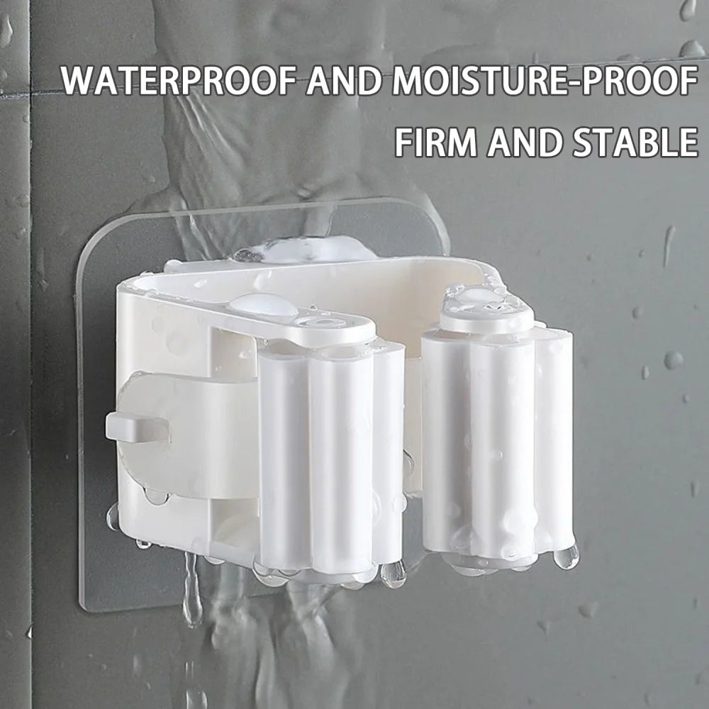 Self-Adhesive Mop Holder Broom Stand No-Drill Wall-Mounted Storage Rack  Waterproof Organizer for Kitchen & Bathroom