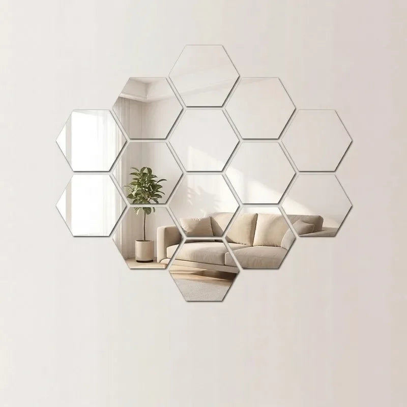 Hexagon Mirror Stickers 12PCS Self-adhesive Mini Wall Decals Solid Home Bedroom Art Decoration Gold Silver Black Red Removable