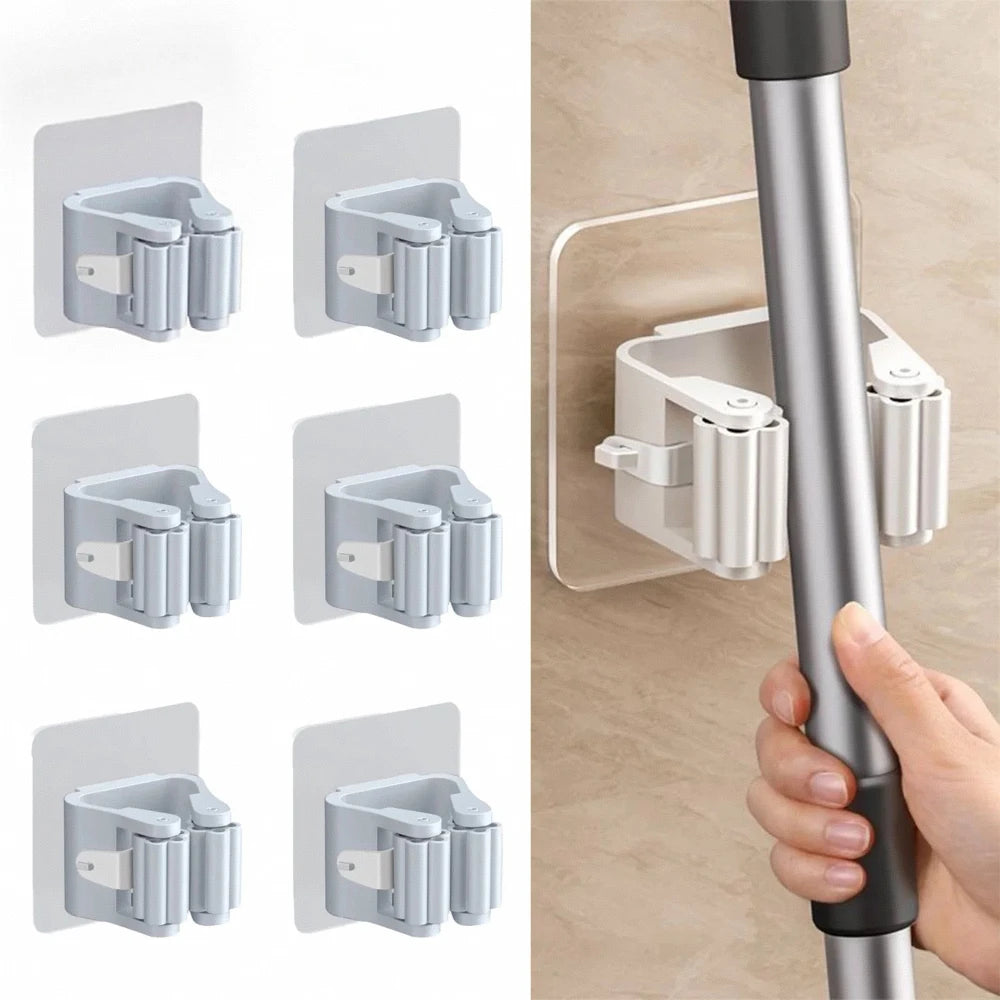 Self-Adhesive Mop Holder Broom Stand No-Drill Wall-Mounted Storage Rack  Waterproof Organizer for Kitchen & Bathroom