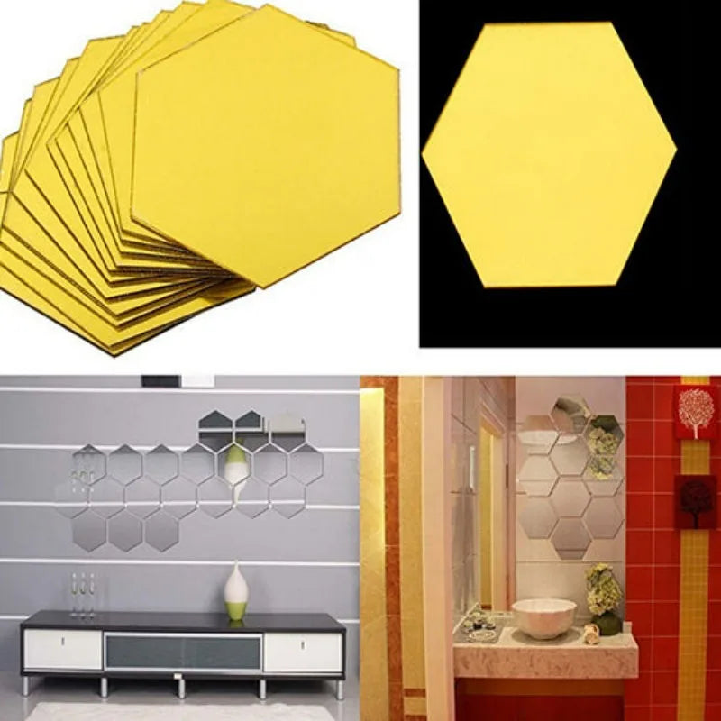 1/50pcs Hexagonal Acrylic Mirror Wall Sticker Mini Mirror Solid Paster Self-adhesive Gold Silver Decals Home Bedroom Art Decor