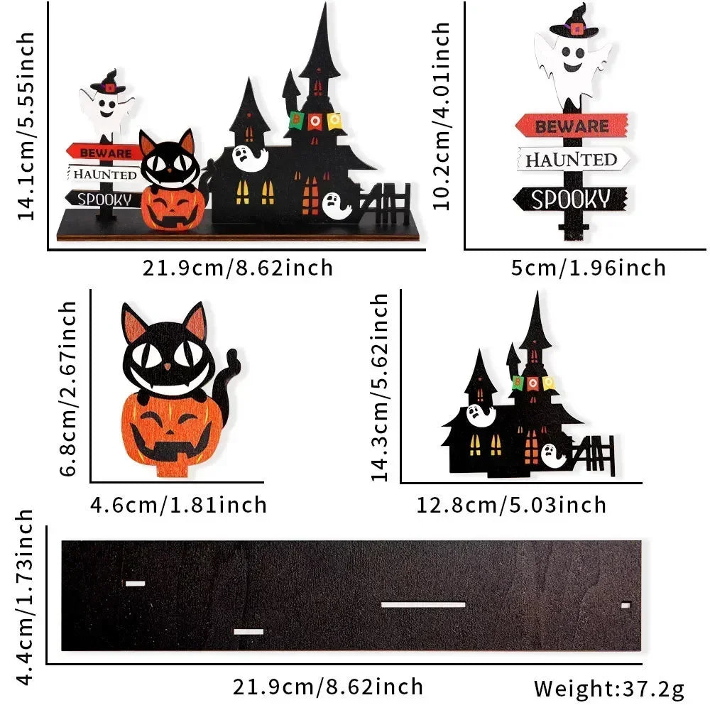 Halloween Desktop Decoration Wooden Castle Ornament Pumpkin Ghost Plaque Decor Trick or Treat Happy Halloween Party Decor