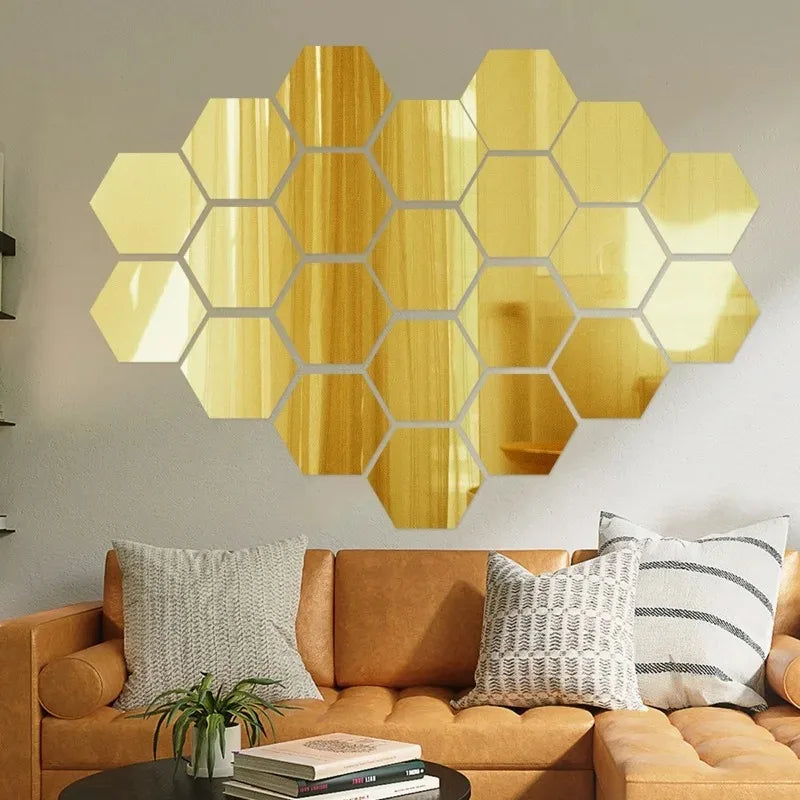 1/50pcs Hexagonal Acrylic Mirror Wall Sticker Mini Mirror Solid Paster Self-adhesive Gold Silver Decals Home Bedroom Art Decor