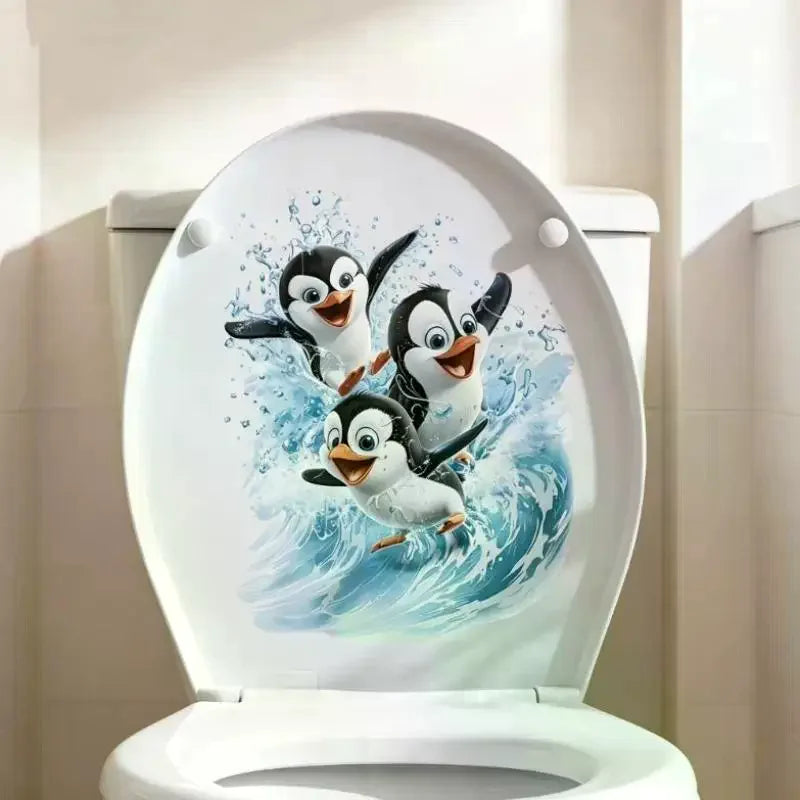Cute Swimming Penguin Toilet Sticker: Waterproof Bathroom Wall Self-Adhesive Removable Decals Home Decor