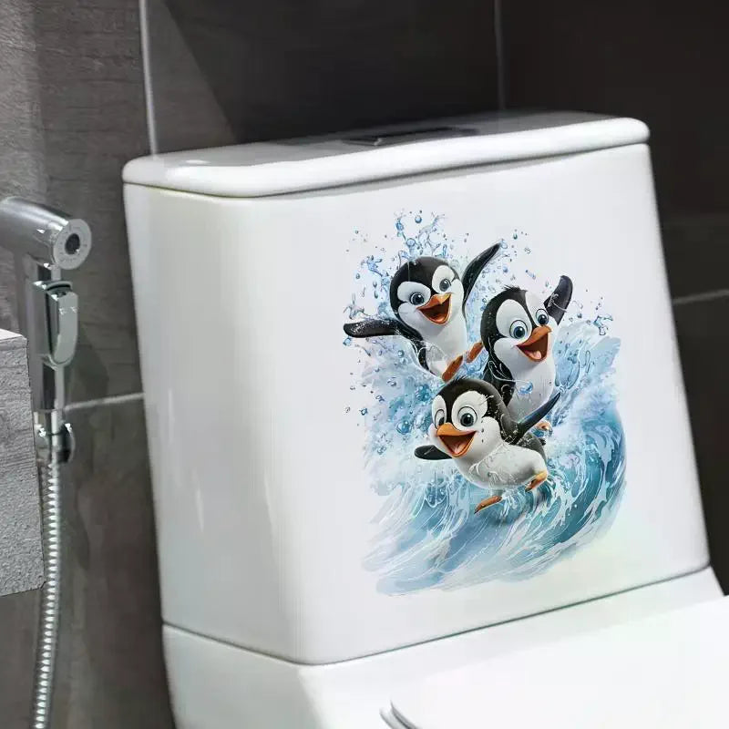 Cute Swimming Penguin Toilet Sticker: Waterproof Bathroom Wall Self-Adhesive Removable Decals Home Decor
