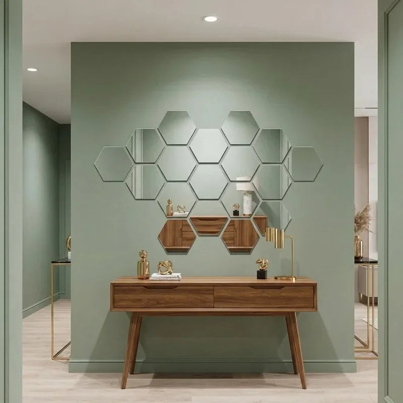 Hexagon Mirror Stickers 12PCS Self-adhesive Mini Wall Decals Solid Home Bedroom Art Decoration Gold Silver Black Red Removable