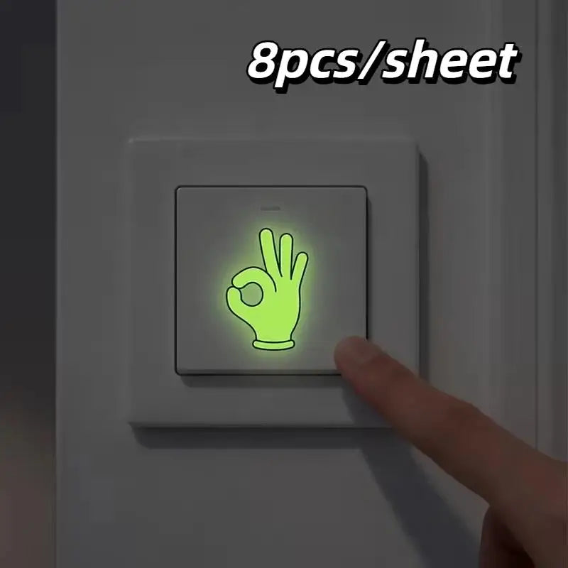 8pcs Glow In The Dark Rock Hand Light Switch Sticker Self Adhesive Removable Home Bedroom Stairs Decor Wall Decals