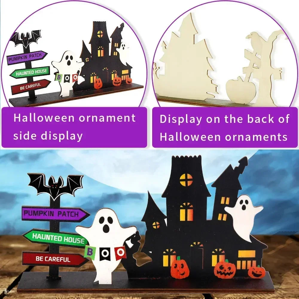 Halloween Desktop Decoration Wooden Castle Ornament Pumpkin Ghost Plaque Decor Trick or Treat Happy Halloween Party Decor