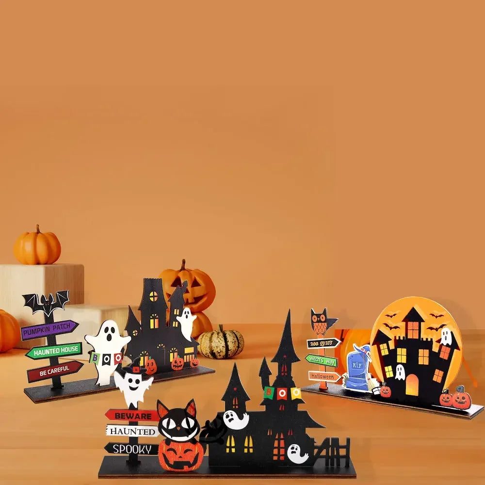 Halloween Desktop Decoration Wooden Castle Ornament Pumpkin Ghost Plaque Decor Trick or Treat Happy Halloween Party Decor