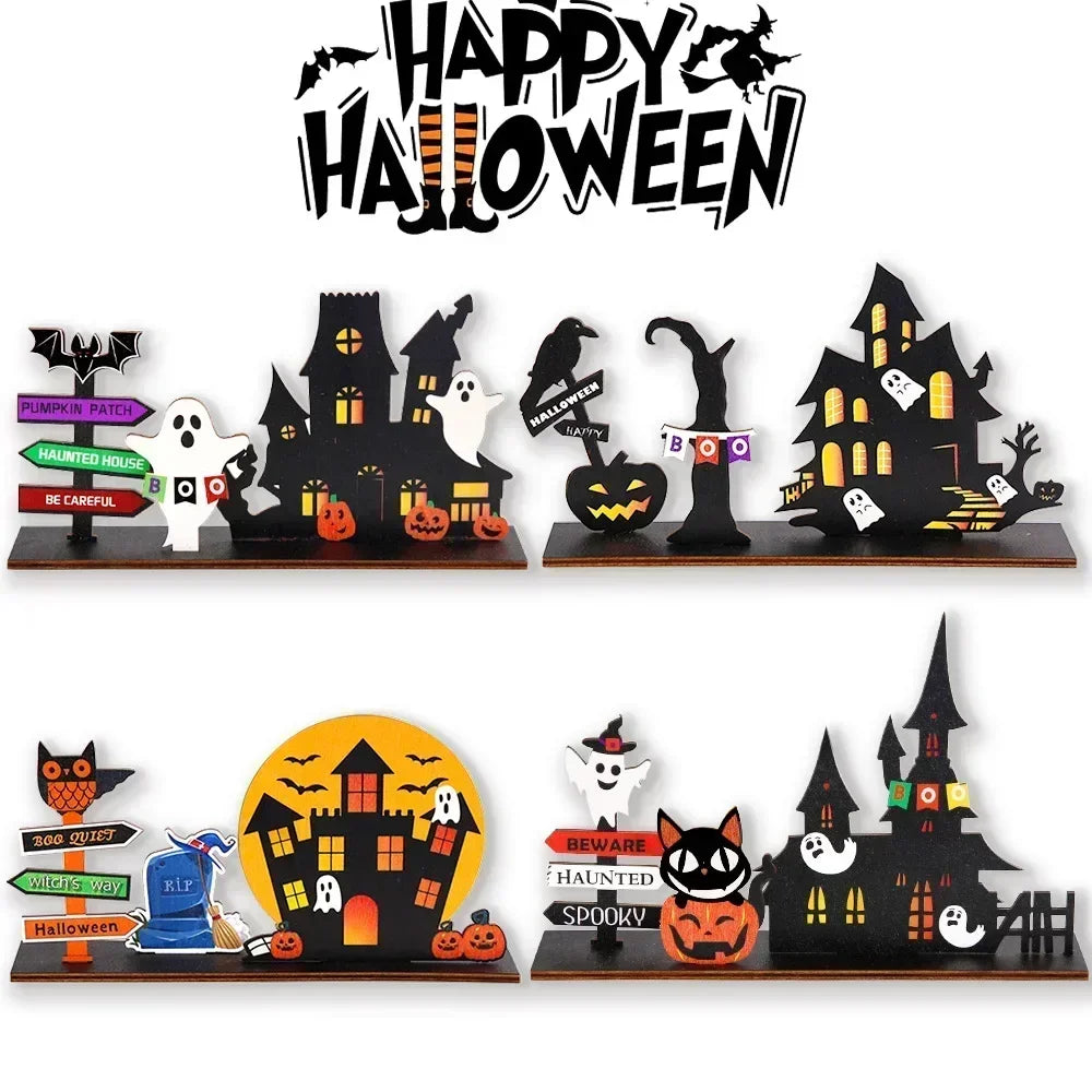 Halloween Desktop Decoration Wooden Castle Ornament Pumpkin Ghost Plaque Decor Trick or Treat Happy Halloween Party Decor