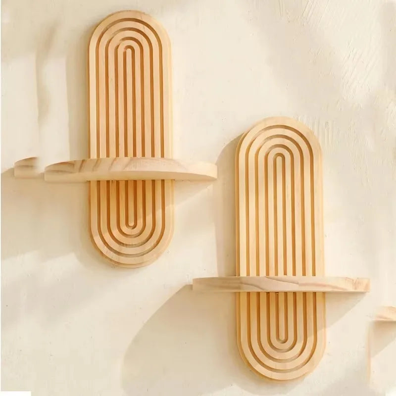 1Pc Wooden Wall Mounted Shelves, Boho Style Rack, Modern Home Decor for Living Room, Bathroom Display Decoration