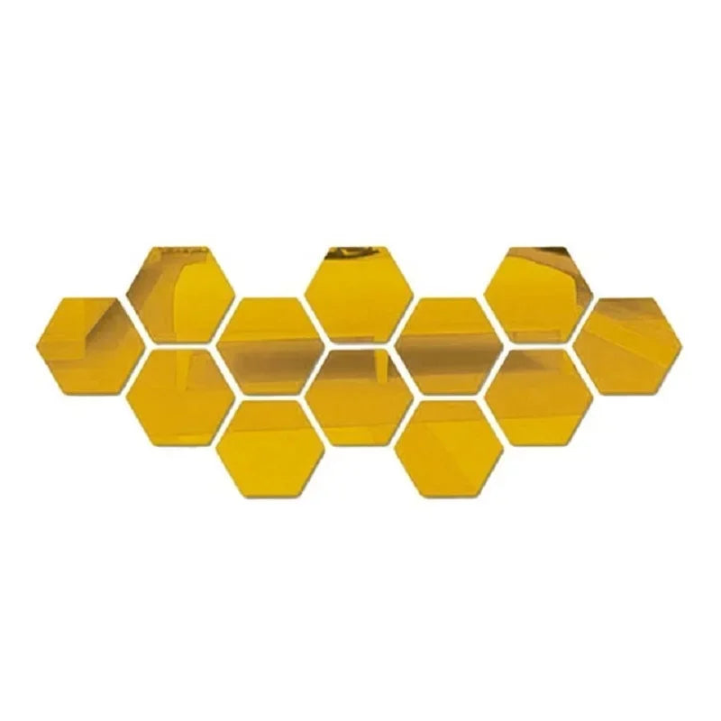 Hexagon Mirror Stickers 12PCS Self-adhesive Mini Wall Decals Solid Home Bedroom Art Decoration Gold Silver Black Red Removable