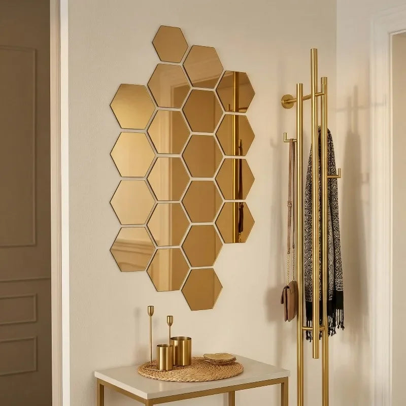 Hexagon Mirror Stickers 12PCS Self-adhesive Mini Wall Decals Solid Home Bedroom Art Decoration Gold Silver Black Red Removable