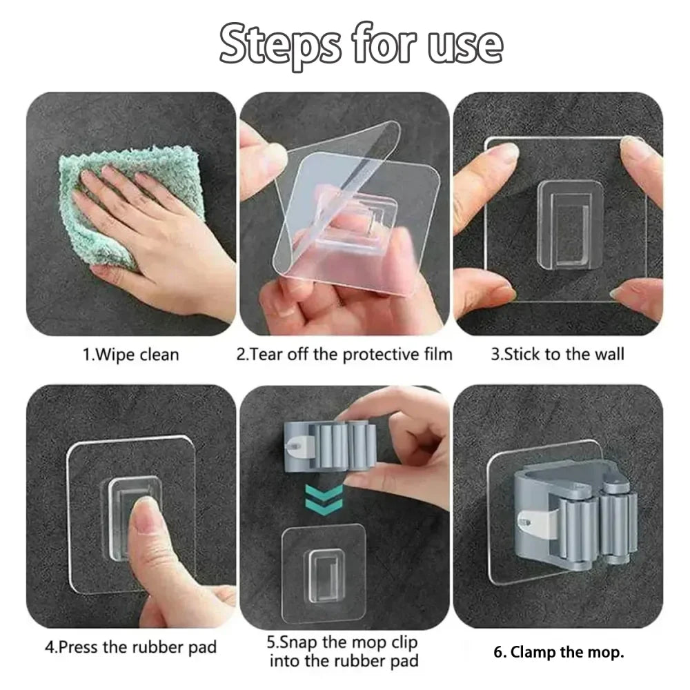 Self-Adhesive Mop Holder Broom Stand No-Drill Wall-Mounted Storage Rack  Waterproof Organizer for Kitchen & Bathroom
