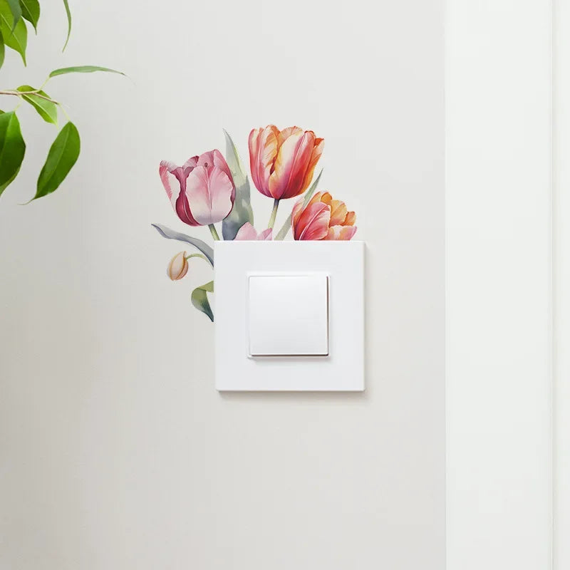 Flower Switch Stickers Green Leaves Plants Wall Sticker Tropical Switch Wallpaper Self-Adhesive Wall Decals DIY Home Decor