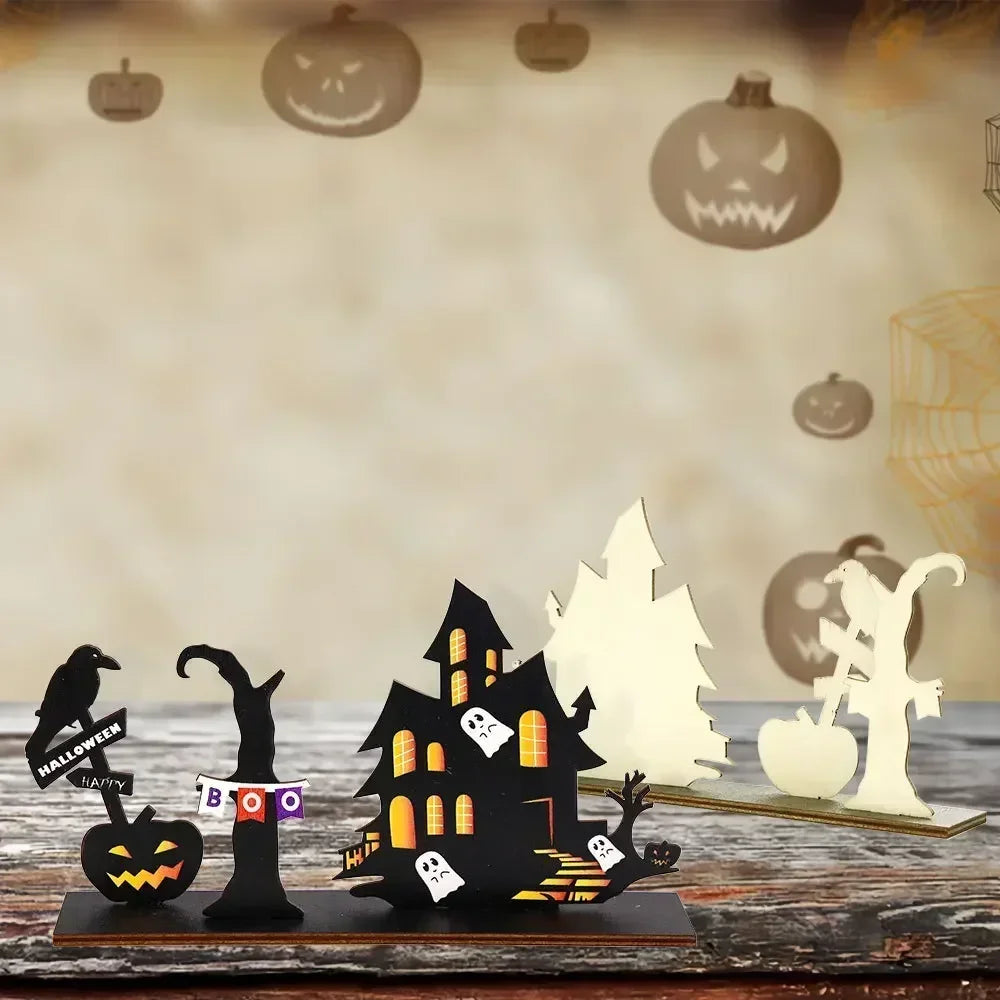 Halloween Desktop Decoration Wooden Castle Ornament Pumpkin Ghost Plaque Decor Trick or Treat Happy Halloween Party Decor