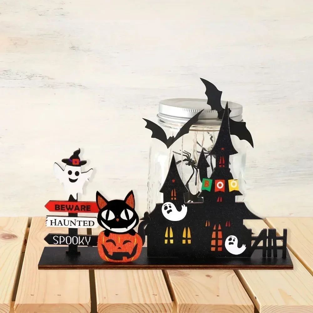 Halloween Desktop Decoration Wooden Castle Ornament Pumpkin Ghost Plaque Decor Trick or Treat Happy Halloween Party Decor