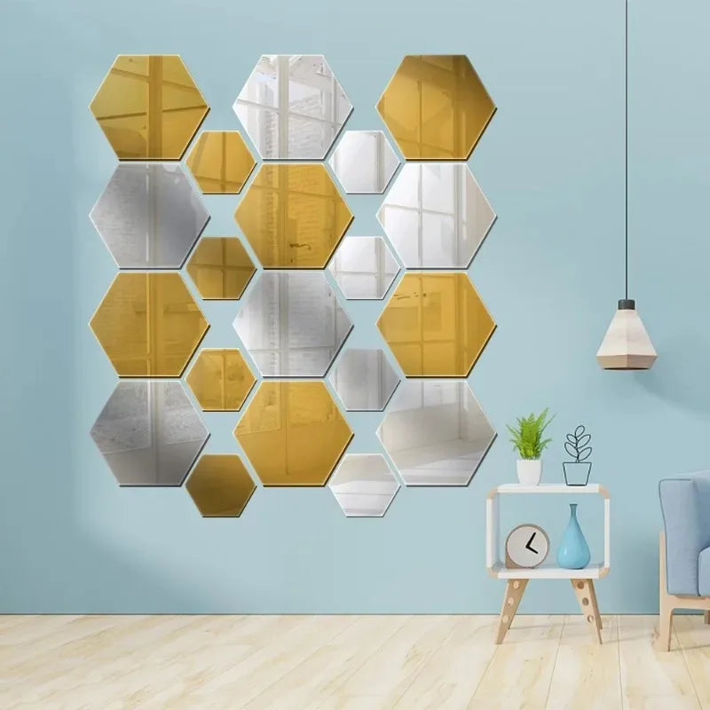 1/50pcs Hexagonal Acrylic Mirror Wall Sticker Mini Mirror Solid Paster Self-adhesive Gold Silver Decals Home Bedroom Art Decor