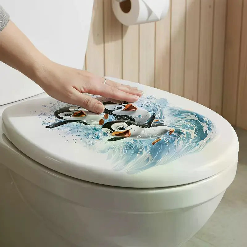 Cute Swimming Penguin Toilet Sticker: Waterproof Bathroom Wall Self-Adhesive Removable Decals Home Decor