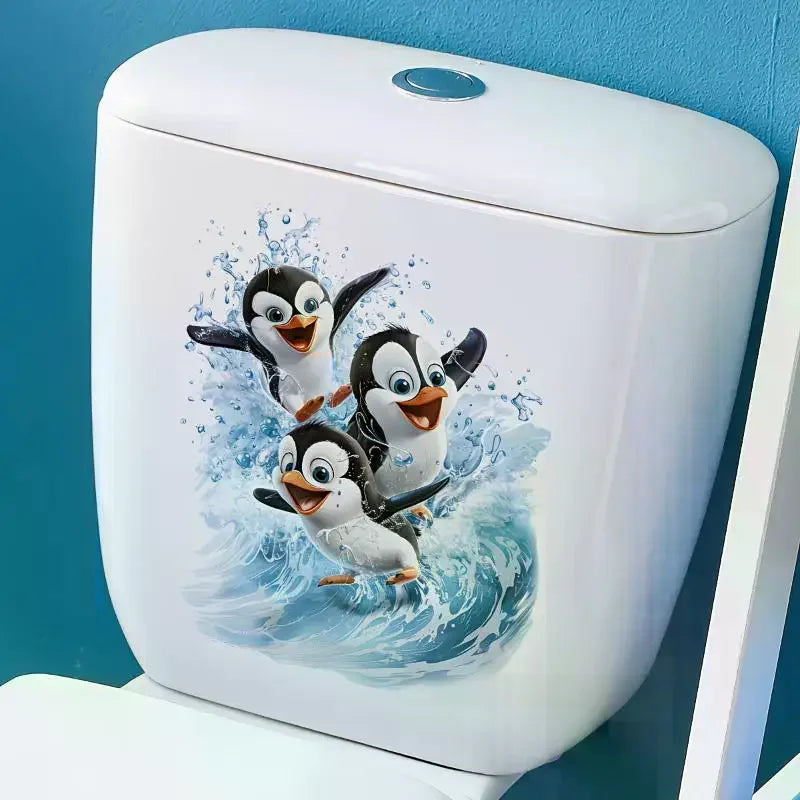 Cute Swimming Penguin Toilet Sticker: Waterproof Bathroom Wall Self-Adhesive Removable Decals Home Decor