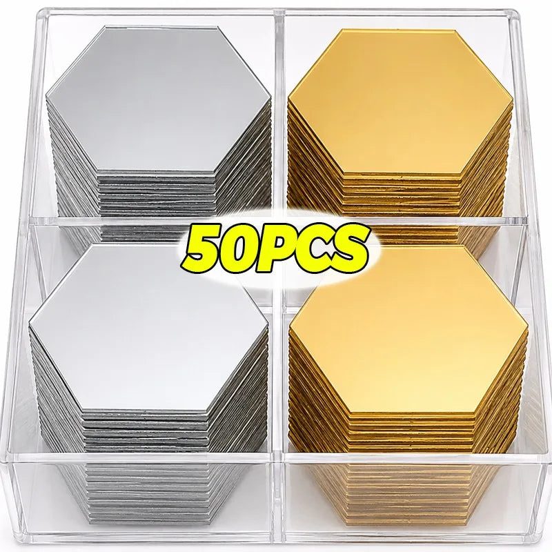 1/50pcs Hexagonal Acrylic Mirror Wall Sticker Mini Mirror Solid Paster Self-adhesive Gold Silver Decals Home Bedroom Art Decor