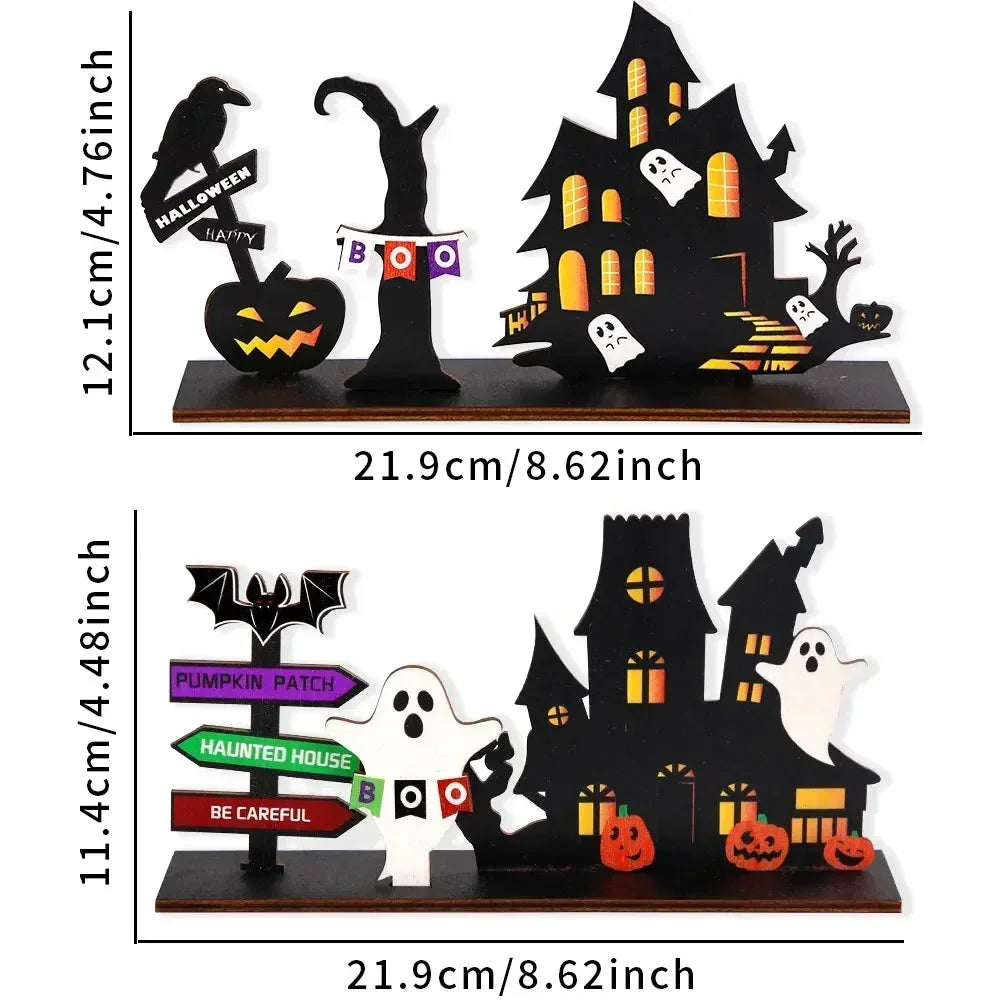 Halloween Desktop Decoration Wooden Castle Ornament Pumpkin Ghost Plaque Decor Trick or Treat Happy Halloween Party Decor