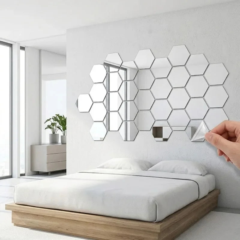 Hexagon Mirror Stickers 12PCS Self-adhesive Mini Wall Decals Solid Home Bedroom Art Decoration Gold Silver Black Red Removable