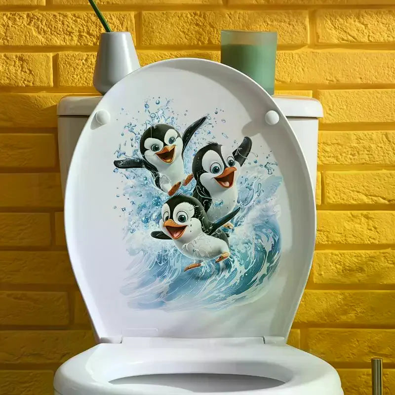 Cute Swimming Penguin Toilet Sticker: Waterproof Bathroom Wall Self-Adhesive Removable Decals Home Decor