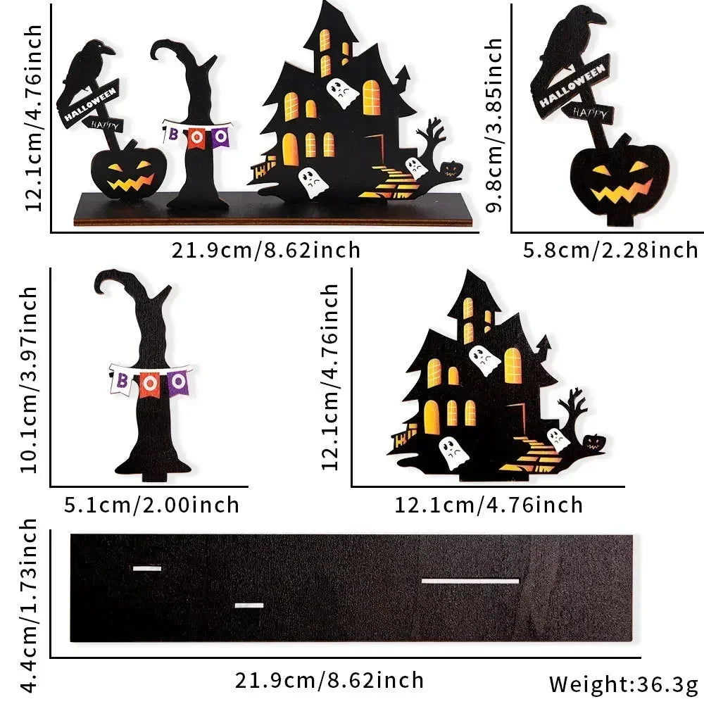 Halloween Desktop Decoration Wooden Castle Ornament Pumpkin Ghost Plaque Decor Trick or Treat Happy Halloween Party Decor
