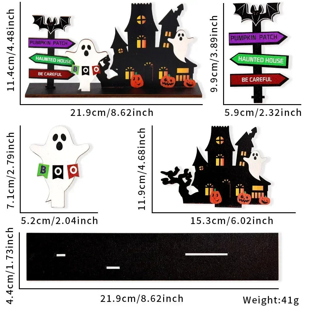 Halloween Desktop Decoration Wooden Castle Ornament Pumpkin Ghost Plaque Decor Trick or Treat Happy Halloween Party Decor