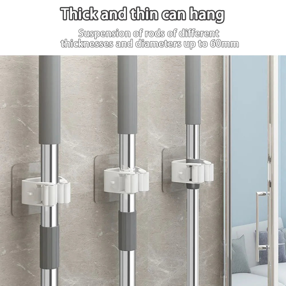 Self-Adhesive Mop Holder Broom Stand No-Drill Wall-Mounted Storage Rack  Waterproof Organizer for Kitchen & Bathroom