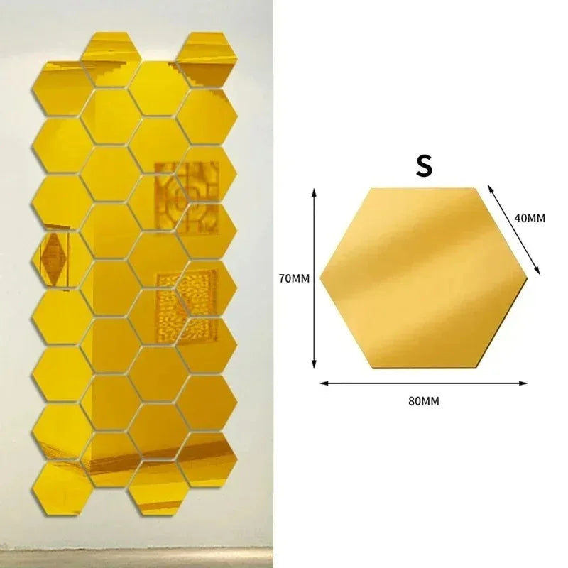 1/50pcs Hexagonal Acrylic Mirror Wall Sticker Mini Mirror Solid Paster Self-adhesive Gold Silver Decals Home Bedroom Art Decor