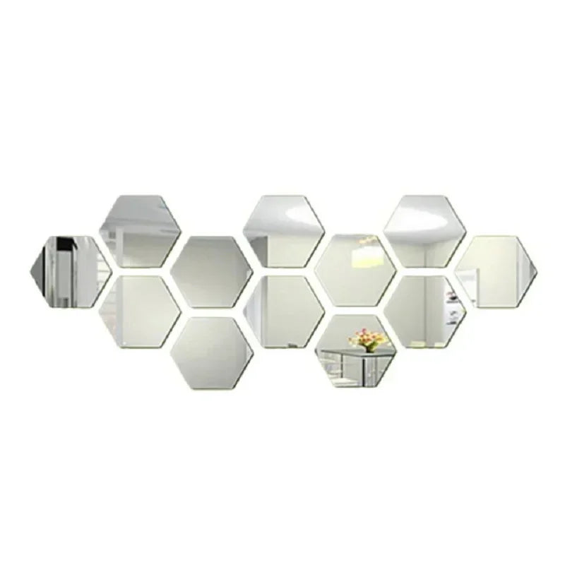 Hexagon Mirror Stickers 12PCS Self-adhesive Mini Wall Decals Solid Home Bedroom Art Decoration Gold Silver Black Red Removable