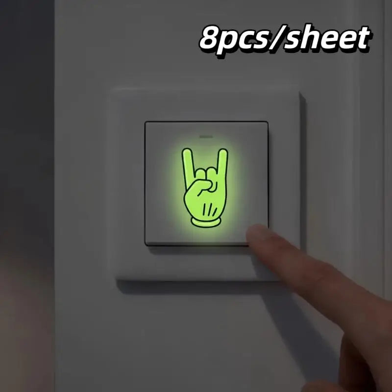 8pcs Glow In The Dark Rock Hand Light Switch Sticker Self Adhesive Removable Home Bedroom Stairs Decor Wall Decals
