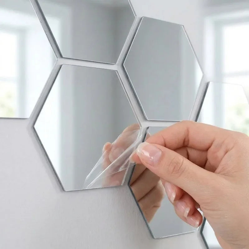 Hexagon Mirror Stickers 12PCS Self-adhesive Mini Wall Decals Solid Home Bedroom Art Decoration Gold Silver Black Red Removable