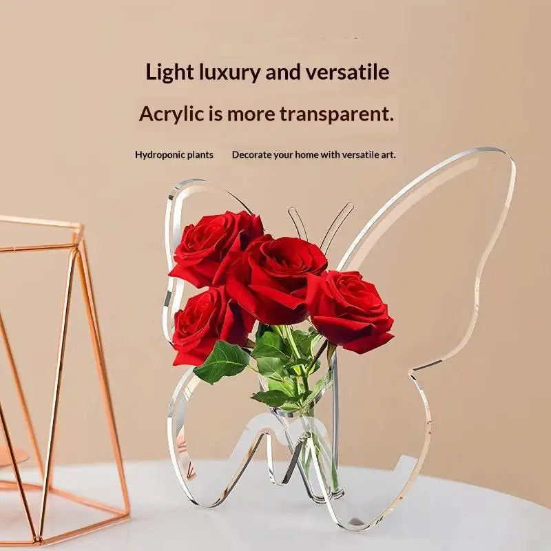 Clear Acrylic Butterfly Shaped Vase High Transparent Finish For Home Hydroponic Flower Display Decor
