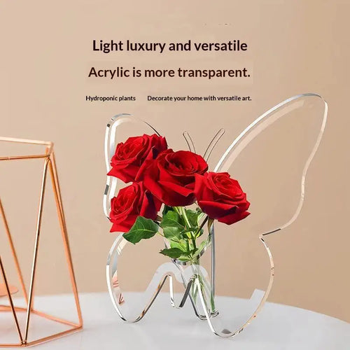 Clear Acrylic Butterfly Shaped Vase High Transparent Finish For Home Hydroponic Flower Display Decor